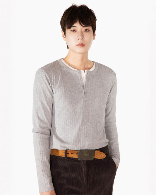 【REVURA レビュ―ラ】RÊVE COTTON MODAL RIBBED HENLEY SHIRTS - GRAY