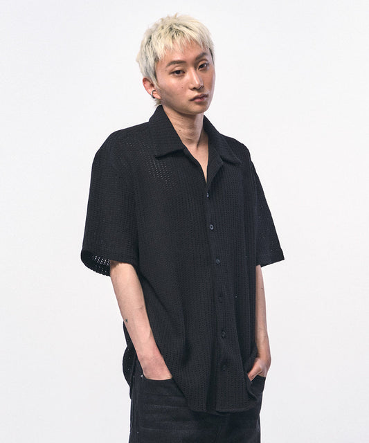 【C Wear シーウエア】CROCHET KNIT HALF SHIRTS BLACK
